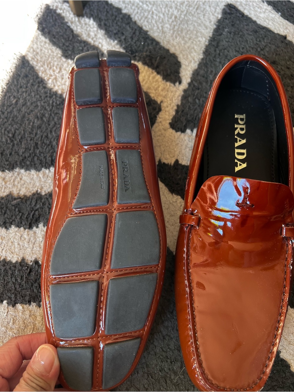 Prada Men’s Glossy Burnt Orange Patent Leather Loafers - Picture 2 of 2